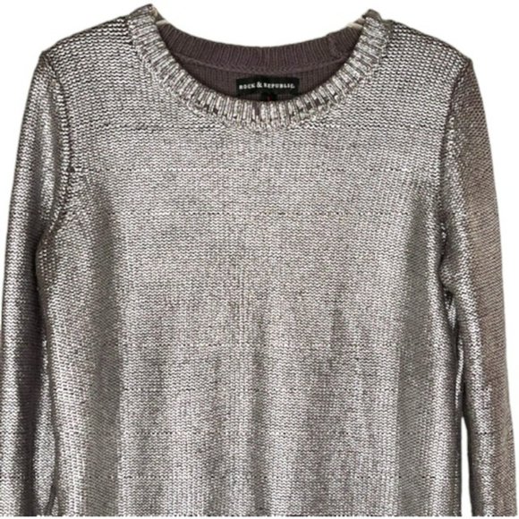 Rock & Republic Metallic Baroque Cotton Blend Sweater - Silver/Gray - L - Picture 2 of 7